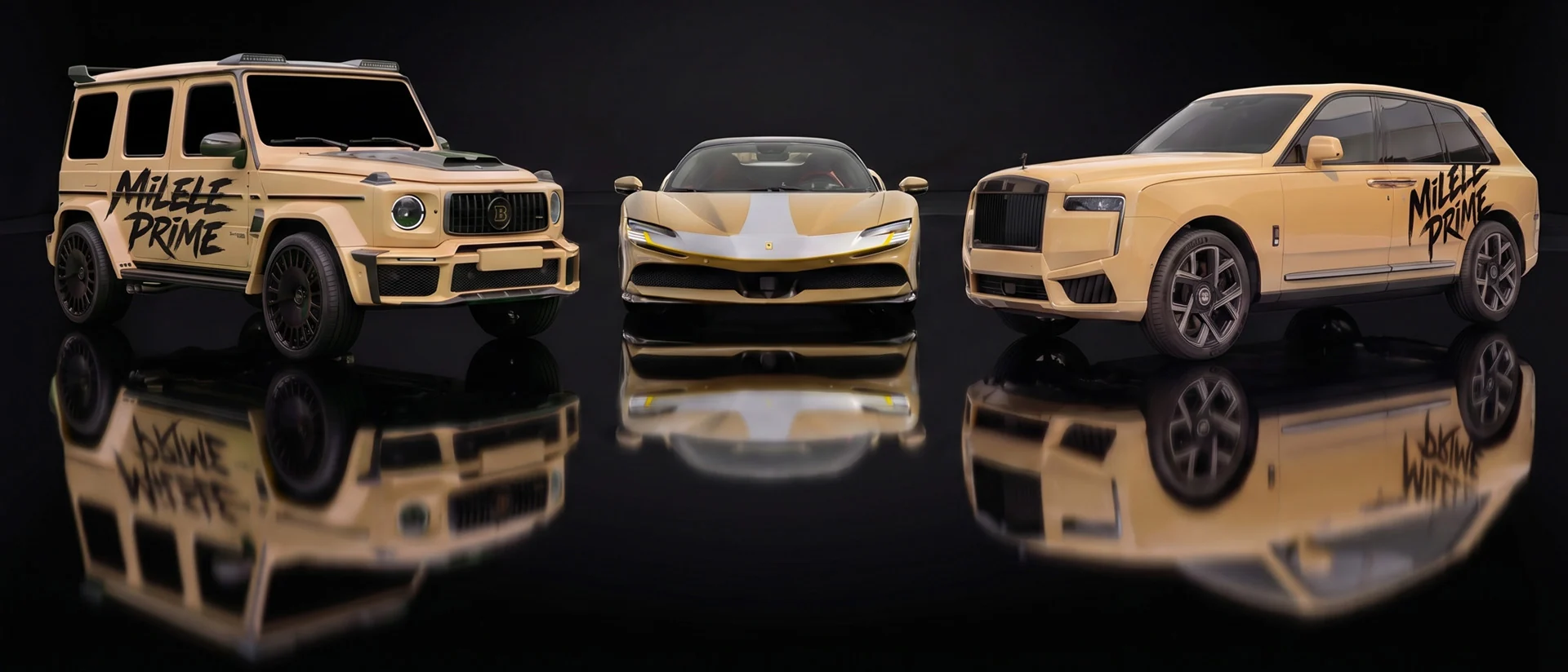 The PRIME Giveaway fleet Brabus G-Class, Rolls-Royce Cullinan and Ferrari SF90 in Milele gold