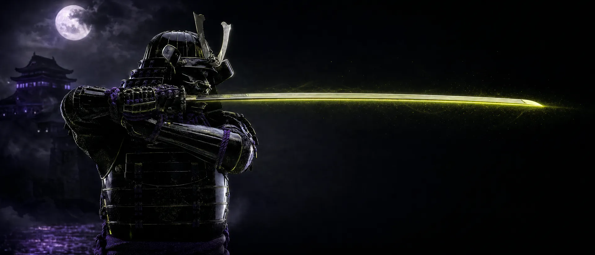 Lone samurai on a ridge overlooking a neon trading metropolis at dawn