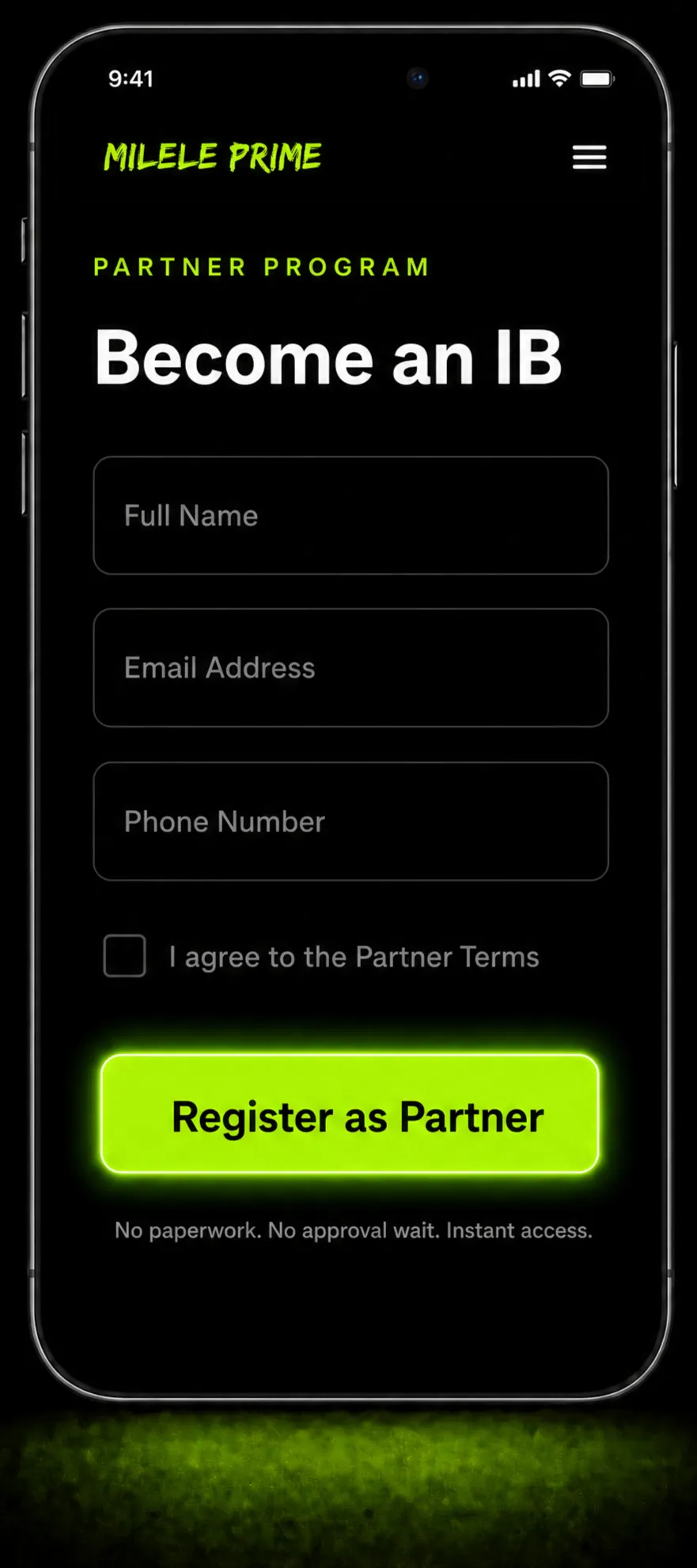 Milele Prime app showing the partner sign-up screen