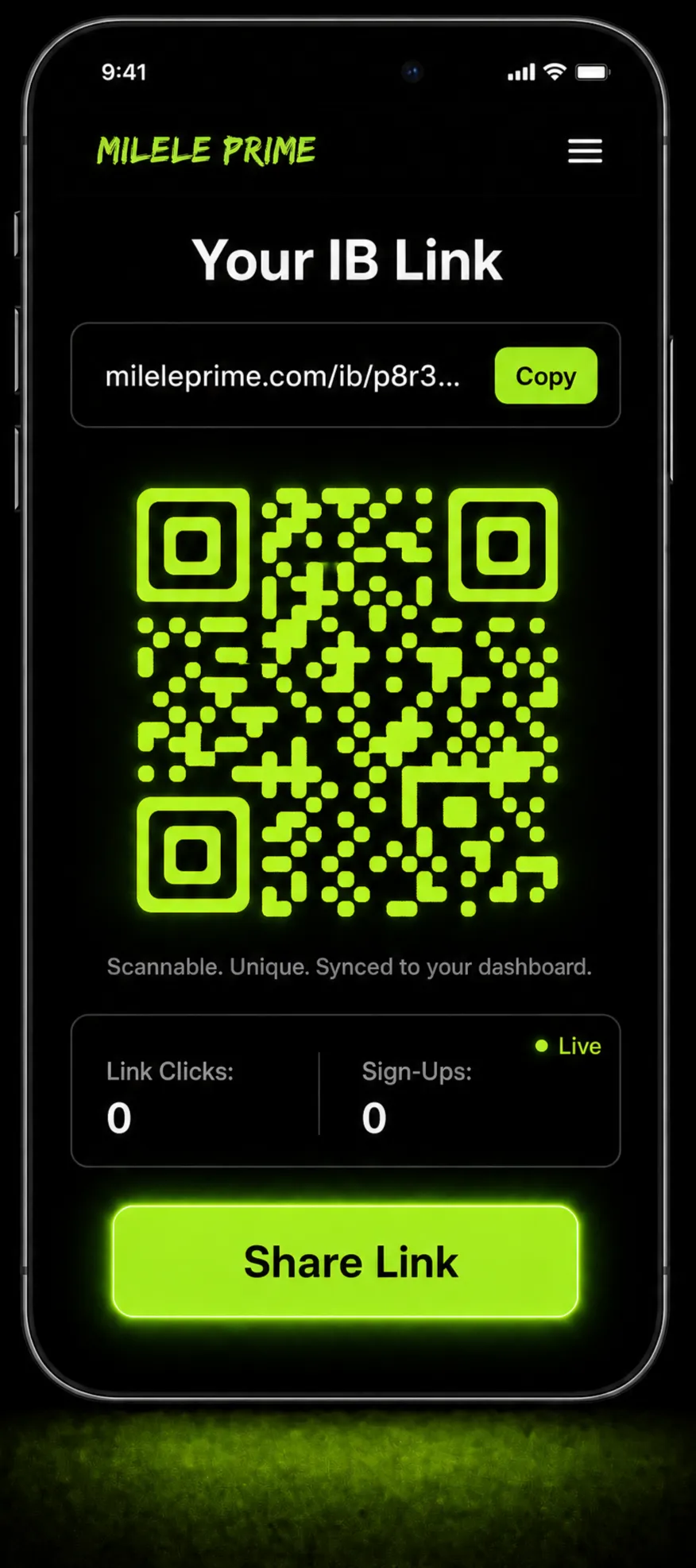 Milele Prime app showing the instantly generated IB link and QR code