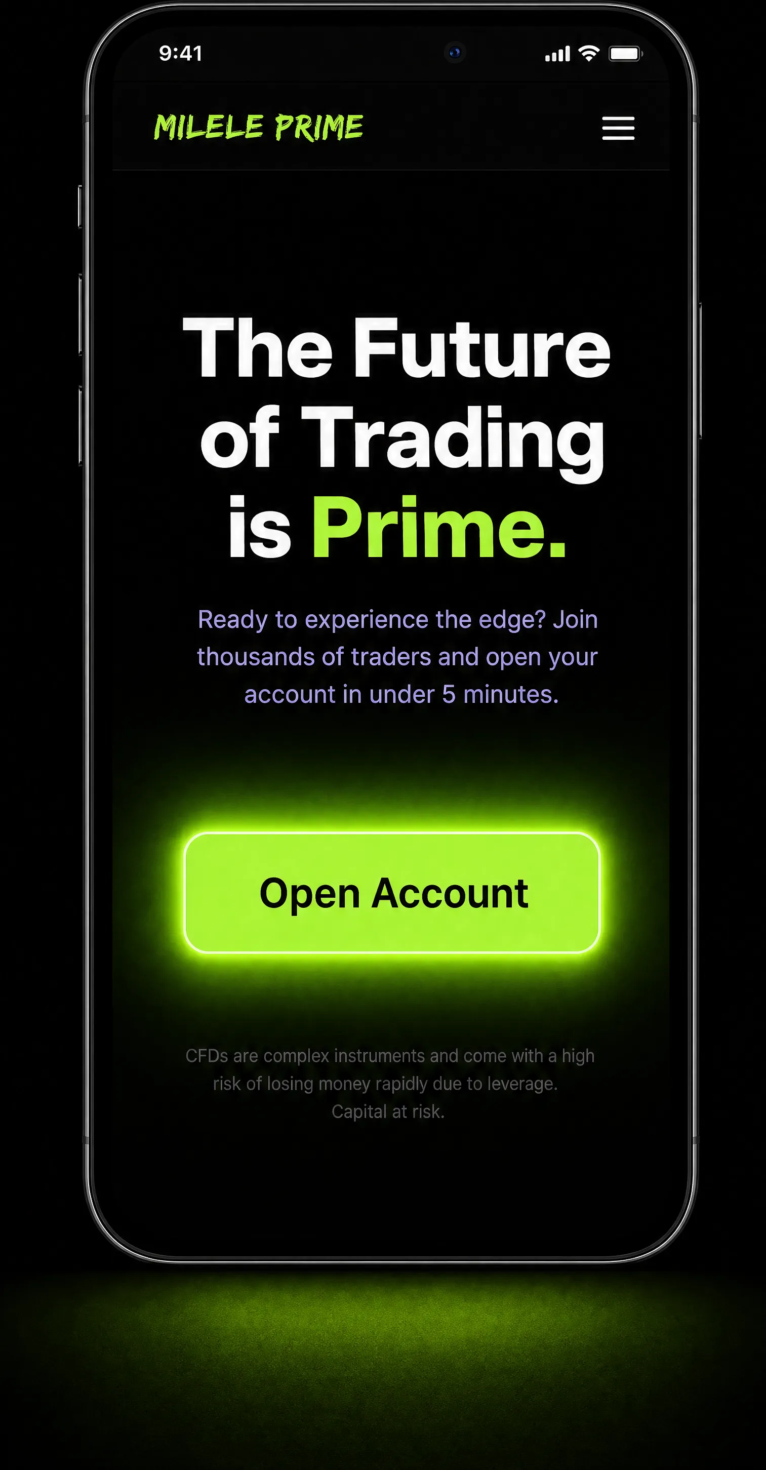 Milele Prime app landing screen with Open Account