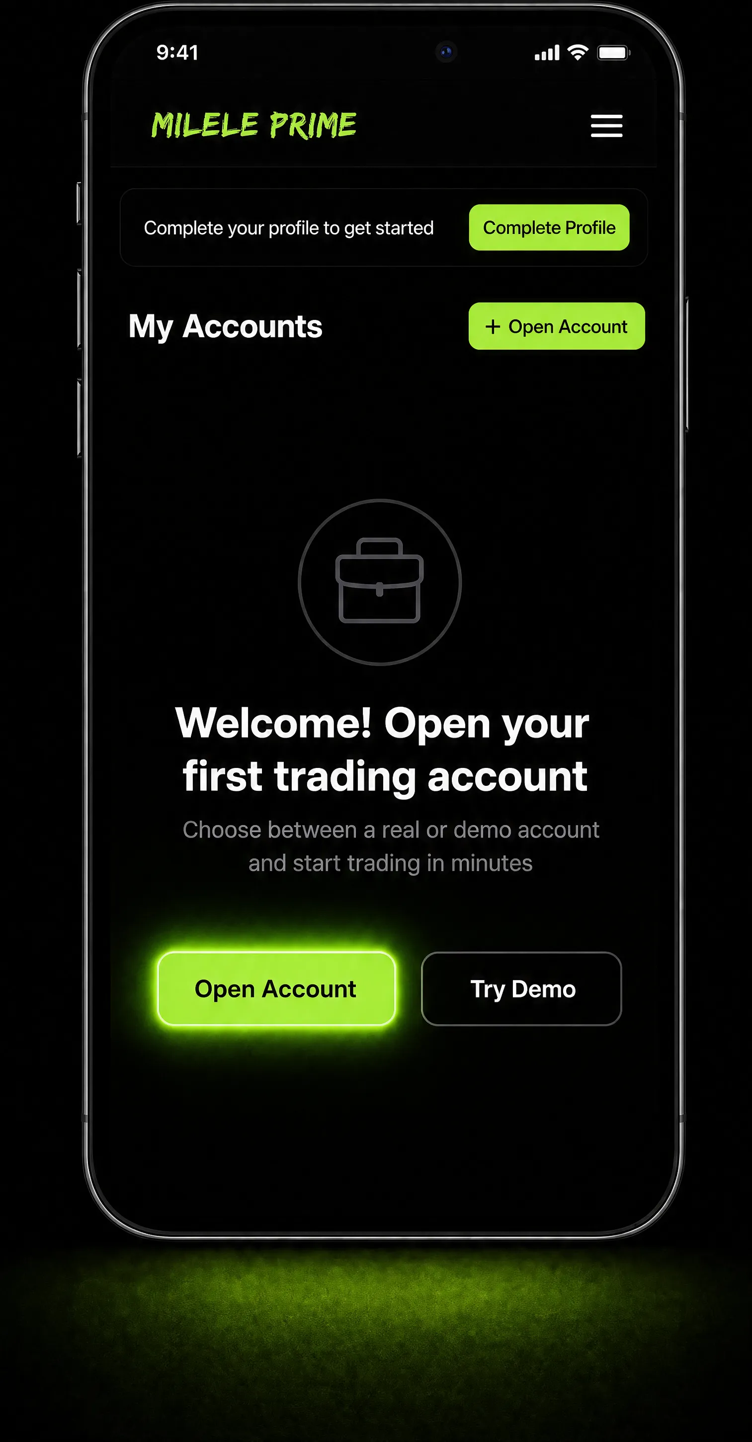 Milele Prime app open your first MT5 account