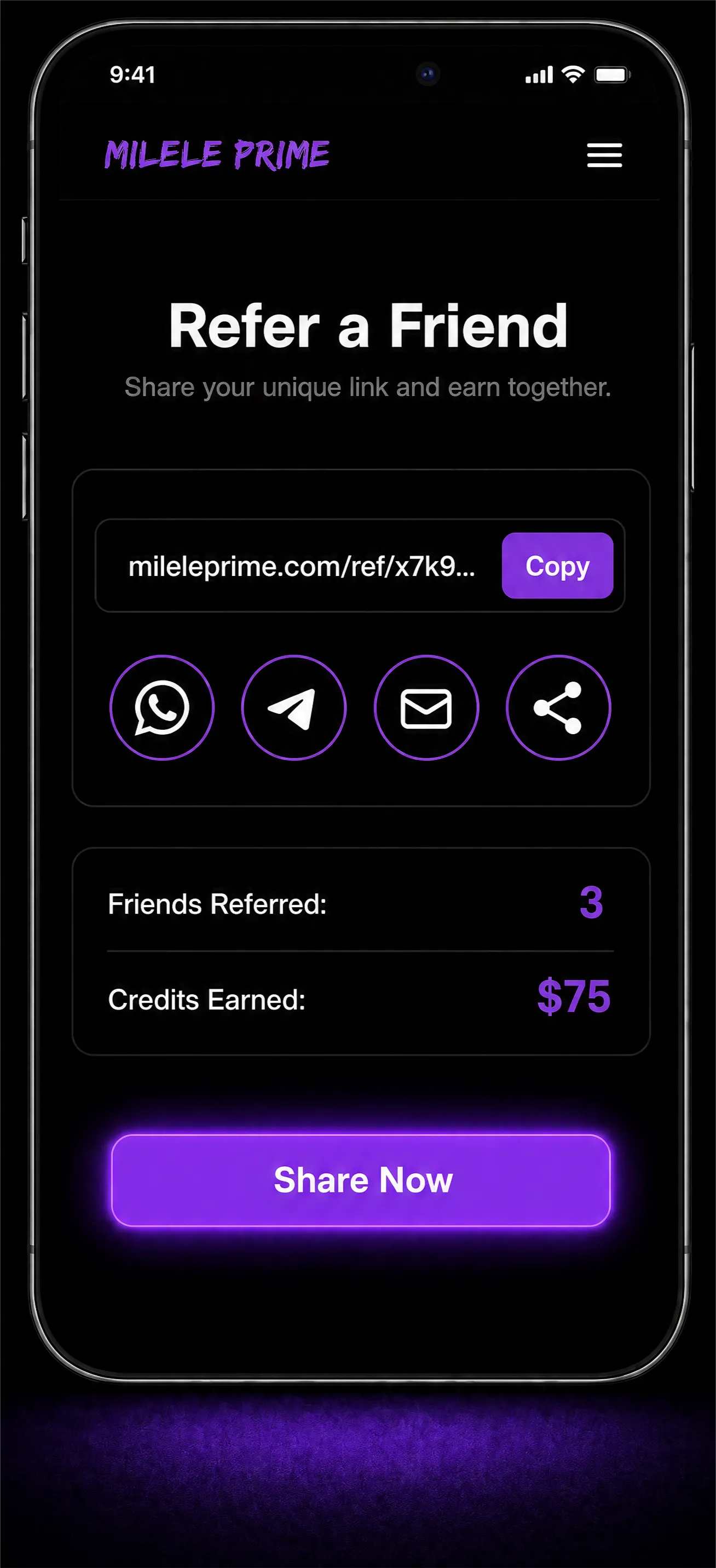 Share your referral link screen
