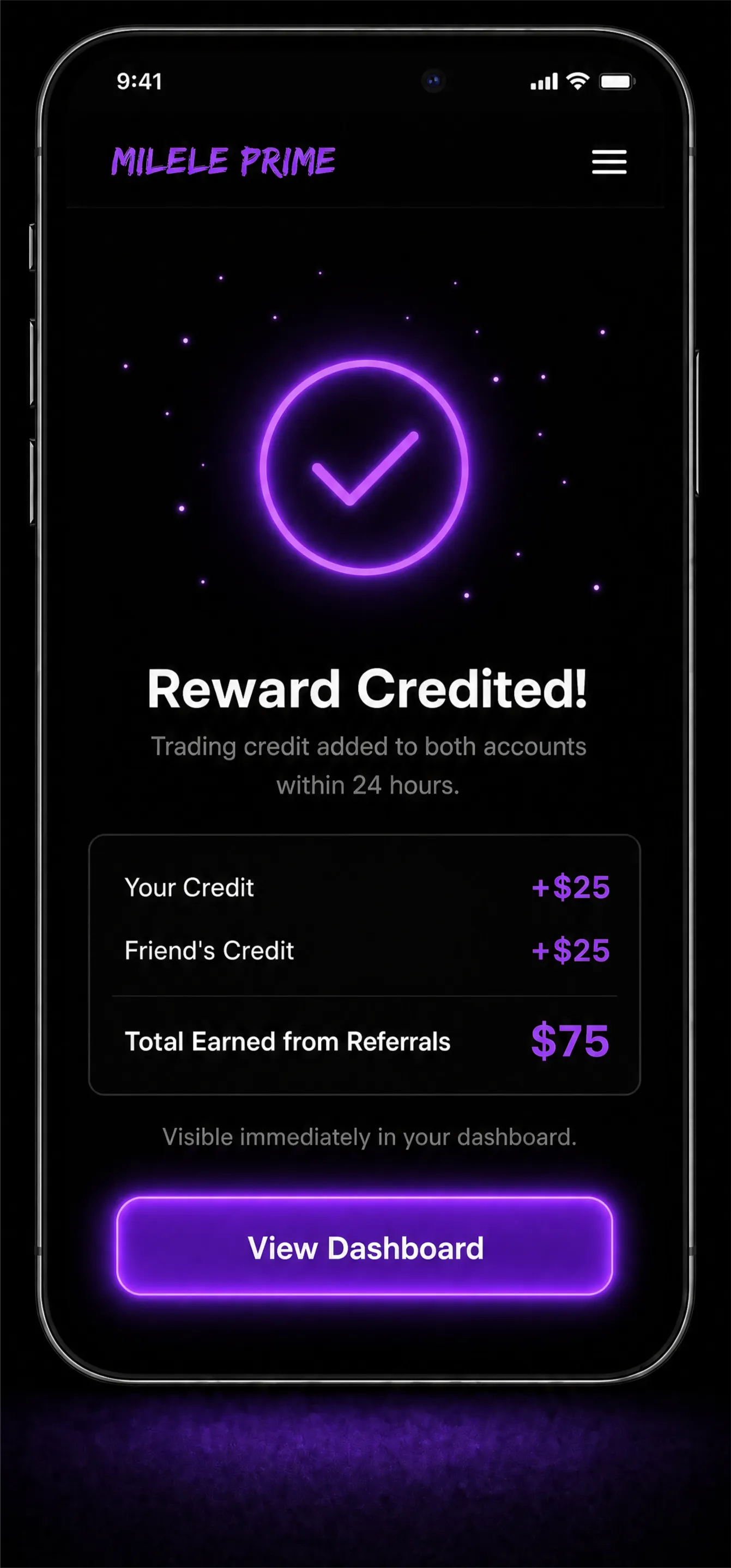 Reward credited screen